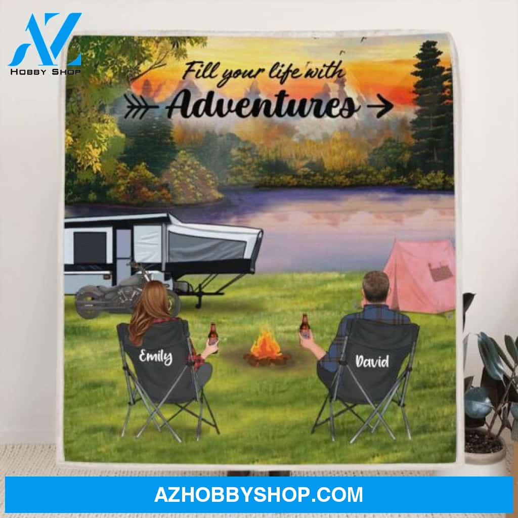 Custom Personalized Camping Quilt/ Fleece Blanket - Couple/ Parents With Upto 5 Kids And 4 Pets - Gift Idea For Camping Lover - Fill Your Life With Adventures