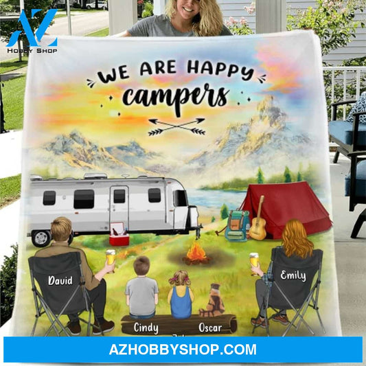Custom Personalized Camping Single Layer Fleece/ Quilt - Gift Idea For Mother's day/ Father's Day with up to 2 Kids - We Are Happy Campers