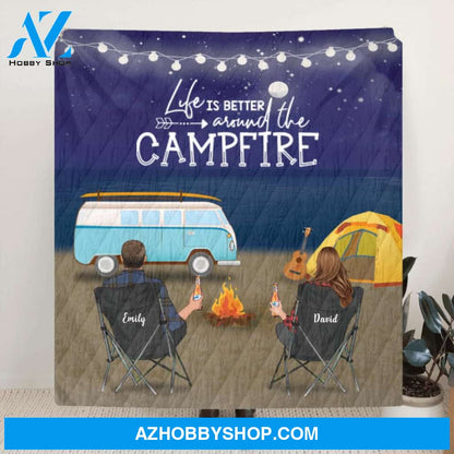 Custom Personalized Camping Quilt/Fleece Blanket - Gift for Whole Family, Camping Lovers - Couple/Parents with Up to 6 Kids Night Beach Camping - Life is better around the campfire