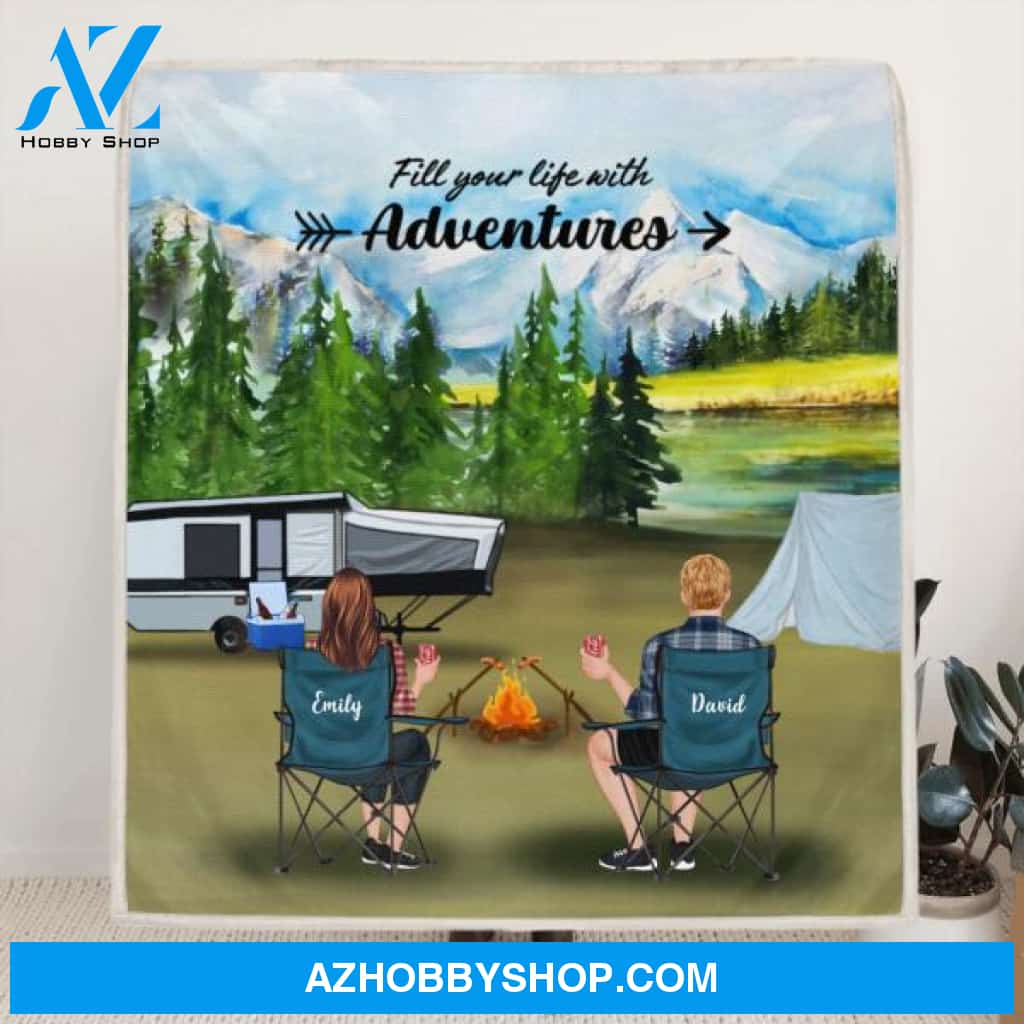 Custom Personalized Camping Quilt/ Fleece Blanket - Couple/ Parents With Upto 4 Kids And 4 Pets - Gift Idea For Camping Lover