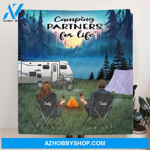 Custom Personalized Camping Quilt Blanket, Gift Idea for the whole family - Couple and Family Upto 4 Kids and 3 Pets - Camping Partners For Life