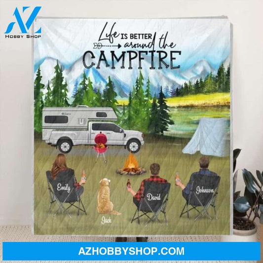 Custom personalized camping quilt blanket - 3 Adults with 1 Dog - Gift Idea For The Whole Family - Life Is Better Around The Campfire