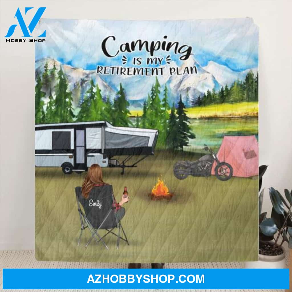 Custom Personalized Camping Quilt/ Fleece Blanket - Man/ Woman/ Couple With Upto 5 Pets - Best Gift For Camping Lover - Camping Is My Retirement Plan