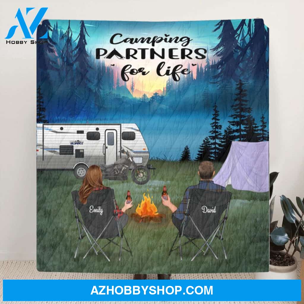 Custom Personalized Camping Quilt Blanket, Gift Idea for the whole family - Couple and Family Upto 4 Kids and 3 Pets - Camping Partners For Life
