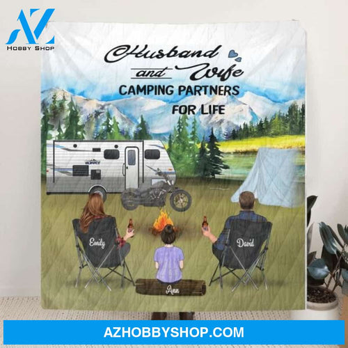 Custom personalized camping quilt blanket, Gift Idea for the whole family - Parents with Kids and Pets - Husband and Wife Camping Partners For Life - Full Option