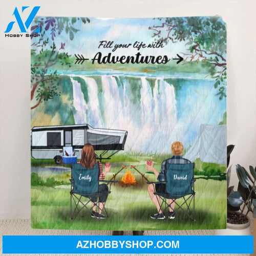 Custom Personalized Camping Quilt/ Fleece Blanket - Couple/ Parents With Upto 4 Kids And 4 Pets - Best Gift For Camping Lover - Fill Your Life With Adventures