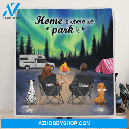 Custom personalized camping fleece blanket gift idea for couple - Couple with 2 Pets -Home Is Where We Park It - 341148