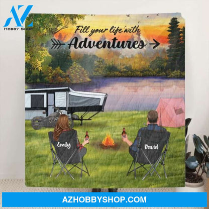 Custom Personalized Camping Quilt/ Fleece Blanket - Couple/ Parents With Upto 5 Kids And 4 Pets - Gift Idea For Camping Lover - Fill Your Life With Adventures
