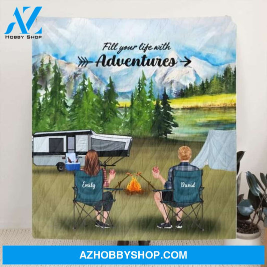 Custom Personalized Camping Quilt/ Fleece Blanket - Couple/ Parents With Upto 4 Kids And 4 Pets - Gift Idea For Camping Lover
