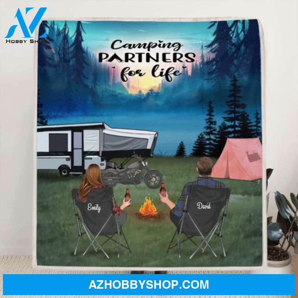 Custom Personalized Camping Quilt/ Fleece Blanket - Couple/ Parents With Upto 4 Kids And 3 Pets - Camping Partners For Life