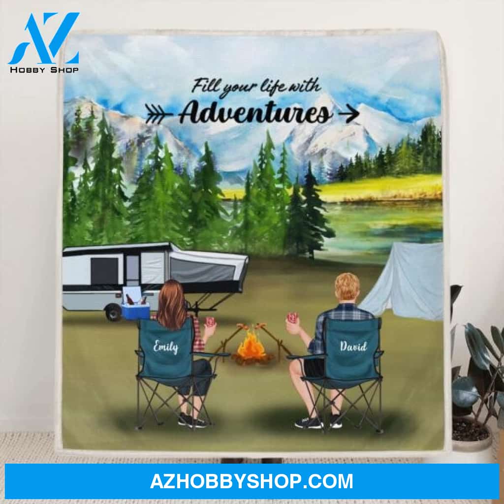 Custom Personalized Camping Quilt/ Fleece Blanket - Couple/ Parents With Upto 4 Kids And 4 Pets - Gift Idea For Camping Lover