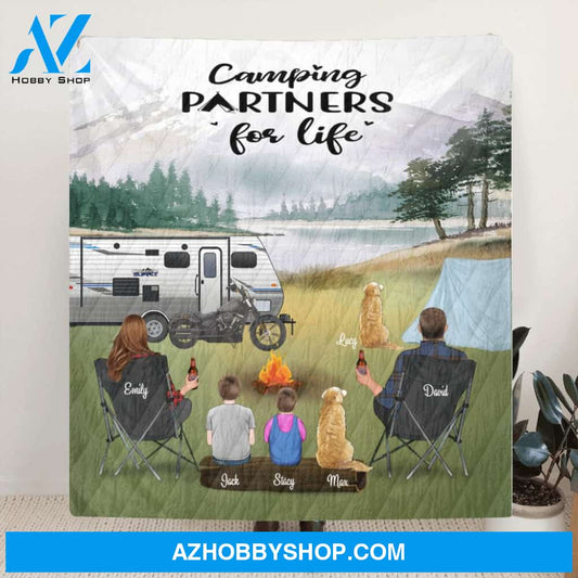 Custom Personalized Camping Quilt Blanket, Gift Idea for the whole family - Parents with 2 kids and up to 2 Pets - Camping partners for life