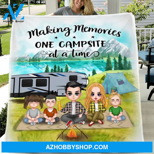 Custom Personalized Camping Single Layer Fleece/ Quilt - Gift For Couple/ Family with up to 3 Kids - Making Memories One Campsite At A Time