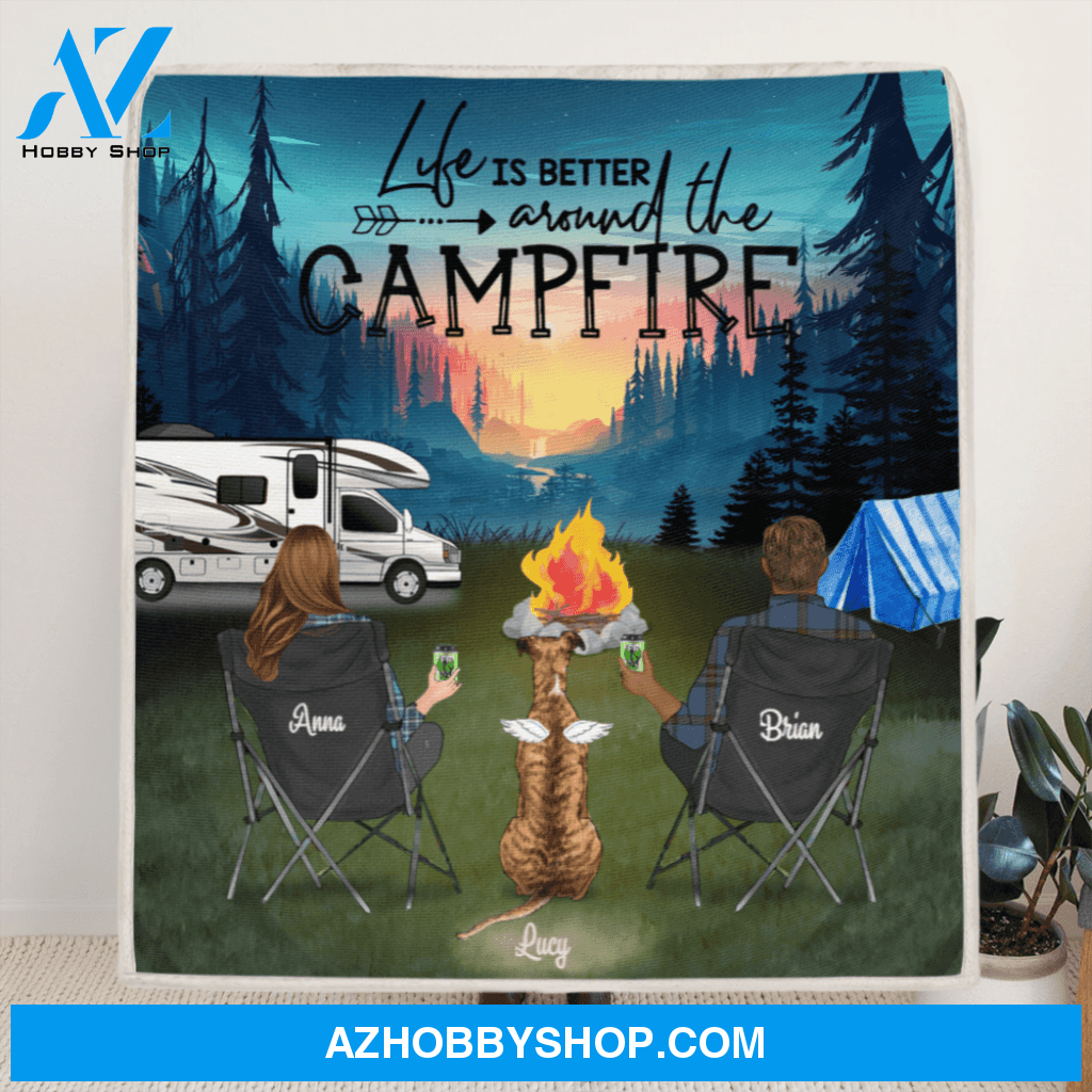 Custom personalized camping fleece blanket gift idea for couple - Couple with 1 Pet - Life Is Better Around The Campfire - 341148