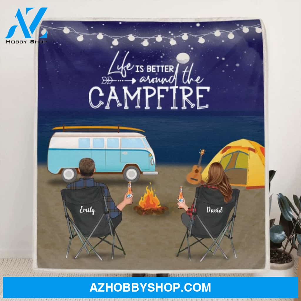 Custom Personalized Camping Quilt/Fleece Blanket - Gift for Whole Family, Camping Lovers - Couple/Parents with Up to 6 Kids Night Beach Camping - Life is better around the campfire