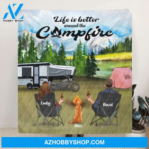 Custom Personalized Camping Quilt Blanket - Couple/ Parents With Upto 5 Kids And 4 Pets - Gift Idea For Camping Lover - Life Is Better Around The Campfire
