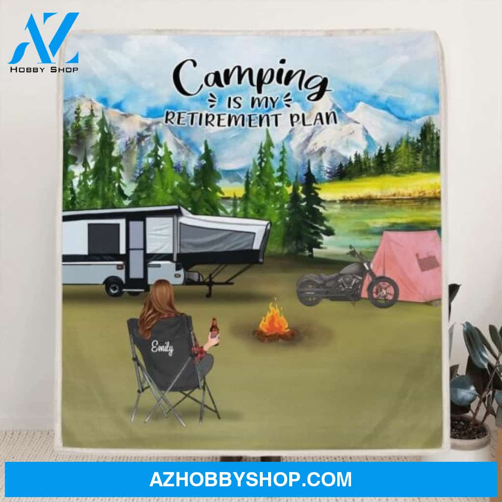Custom Personalized Camping Quilt/ Fleece Blanket - Man/ Woman/ Couple With Upto 5 Pets - Best Gift For Camping Lover - Camping Is My Retirement Plan