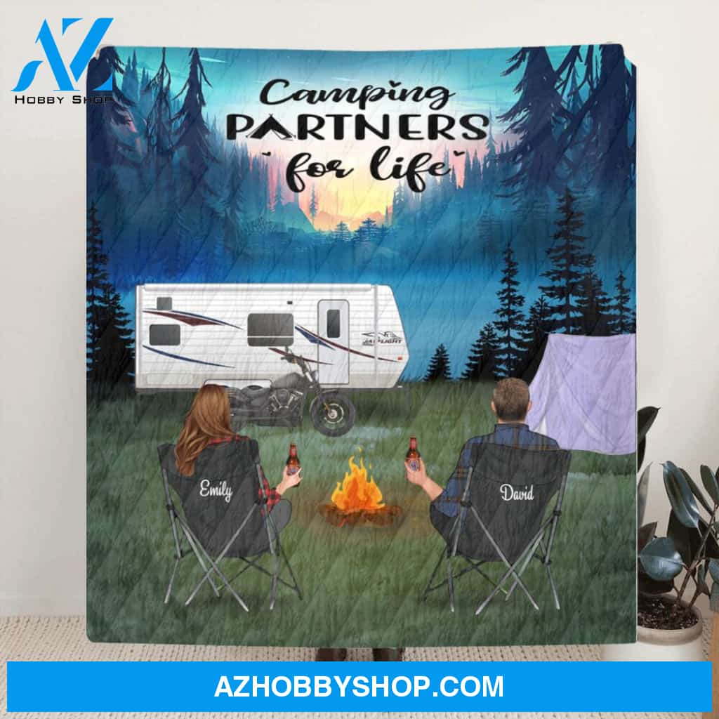 Custom Personalized Camping Blanket - Best Gift For Couple, Camping Lovers - Couple Upto 3 Pets - Camping Partners For Life