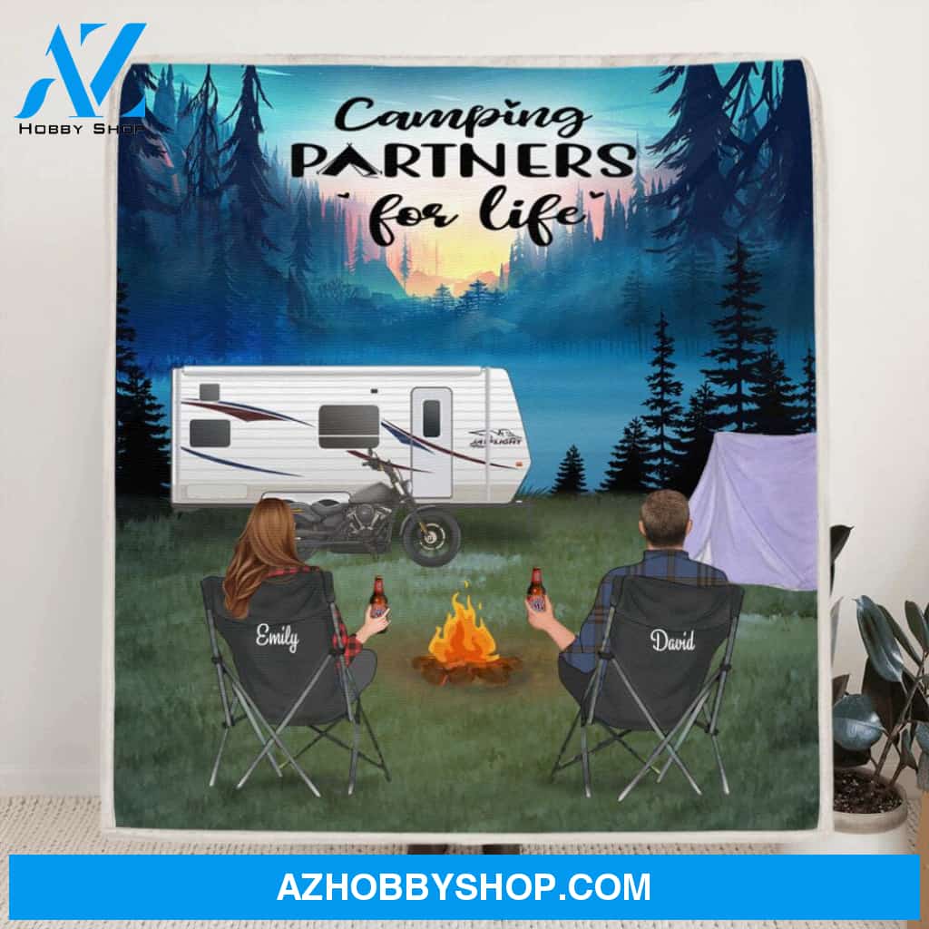 Custom Personalized Camping Blanket - Best Gift For Couple, Camping Lovers - Couple Upto 3 Pets - Camping Partners For Life