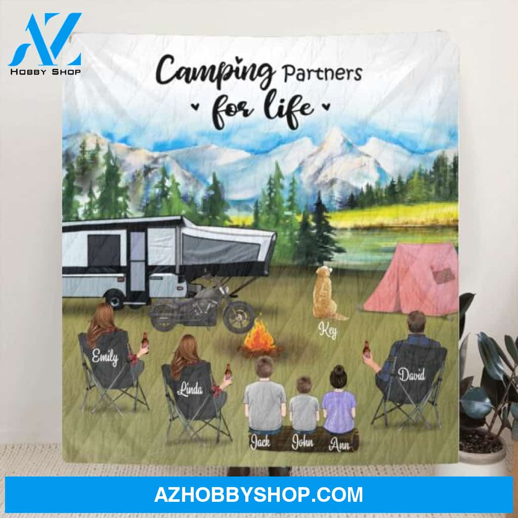 Custom Personalized Camping Blanket - 3 Adults with 3 Kids and 1 Pet - Gift For Camping Lover