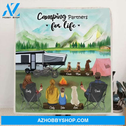 Custom Personalized Camping Blanket Gift For Whole Family, Camping Lovers - Parents with 2 Kids and 4 Pets - Camping Partners For Life - 3KFOG2