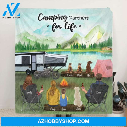 Custom Personalized Camping Blanket Gift For Whole Family, Camping Lovers - Parents with 2 Kids and 4 Pets - Camping Partners For Life - 3KFOG2
