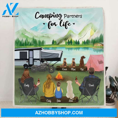 Custom Personalized Camping Blanket Gift For Whole Family, Camping Lovers - Parents with 2 Kids and 4 Pets - Camping Partners For Life - 3KFOG2
