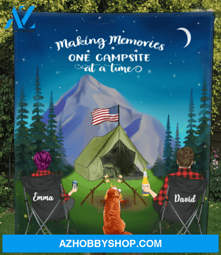 Custom Personalized Camping Blanket Gift Idea For The Whole Family, Cat Dog Dad Mom - Couple & 1 Pet Night Mountain Quilt Blanket