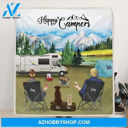 Custom Personalized Camping Blanket - Parents with up to 5 Kids and 4 Pets - Gift Idea For The Whole Family - Life is better around the campfire