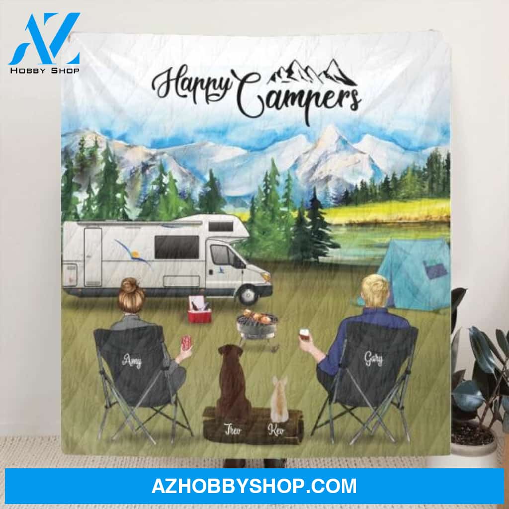 Custom Personalized Camping Blanket - Parents with up to 5 Kids and 4 Pets - Gift Idea For The Whole Family - Life is better around the campfire