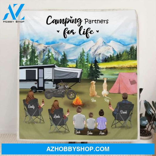Custom Personalized Camping Blanket - 3 Adults with 3 Kids and 2 Dogs - Gift Idea For The Whole Family - Camping Partners For Life