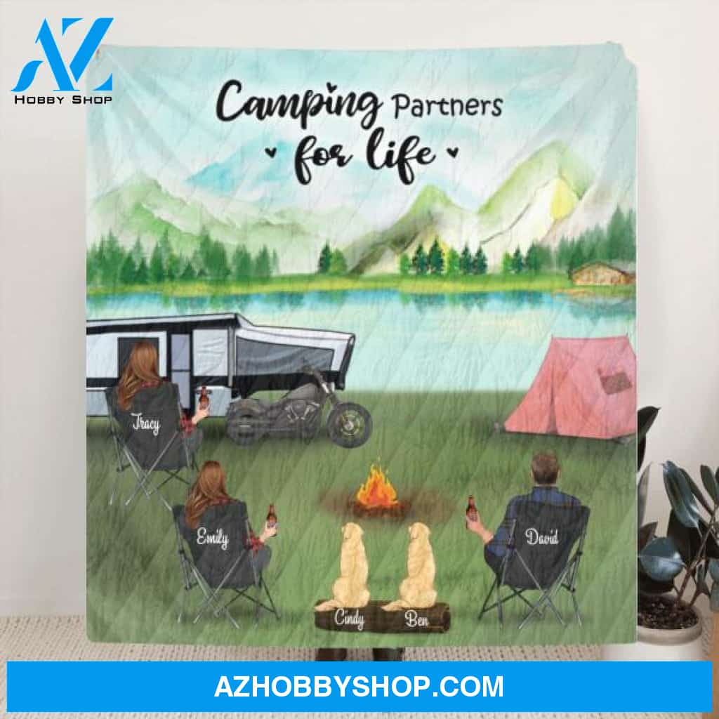 Custom Personalized Camping Blanket - 3 Adults with Upto 2 Kids and 2 Dogs - Gift Idea For The Whole Family - Camping Partners For Life