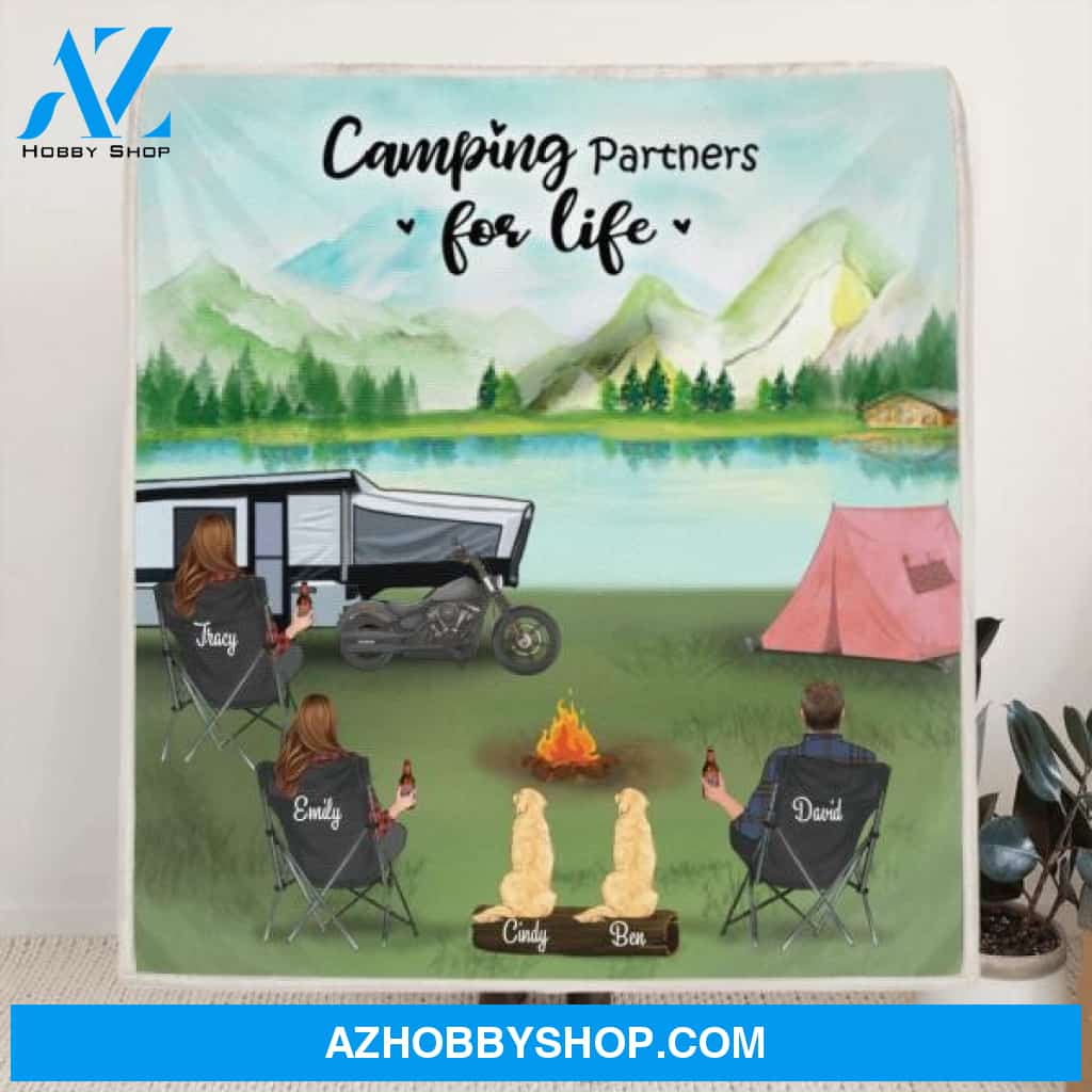 Custom Personalized Camping Blanket - 3 Adults with Upto 2 Kids and 2 Dogs - Gift Idea For The Whole Family - Camping Partners For Life