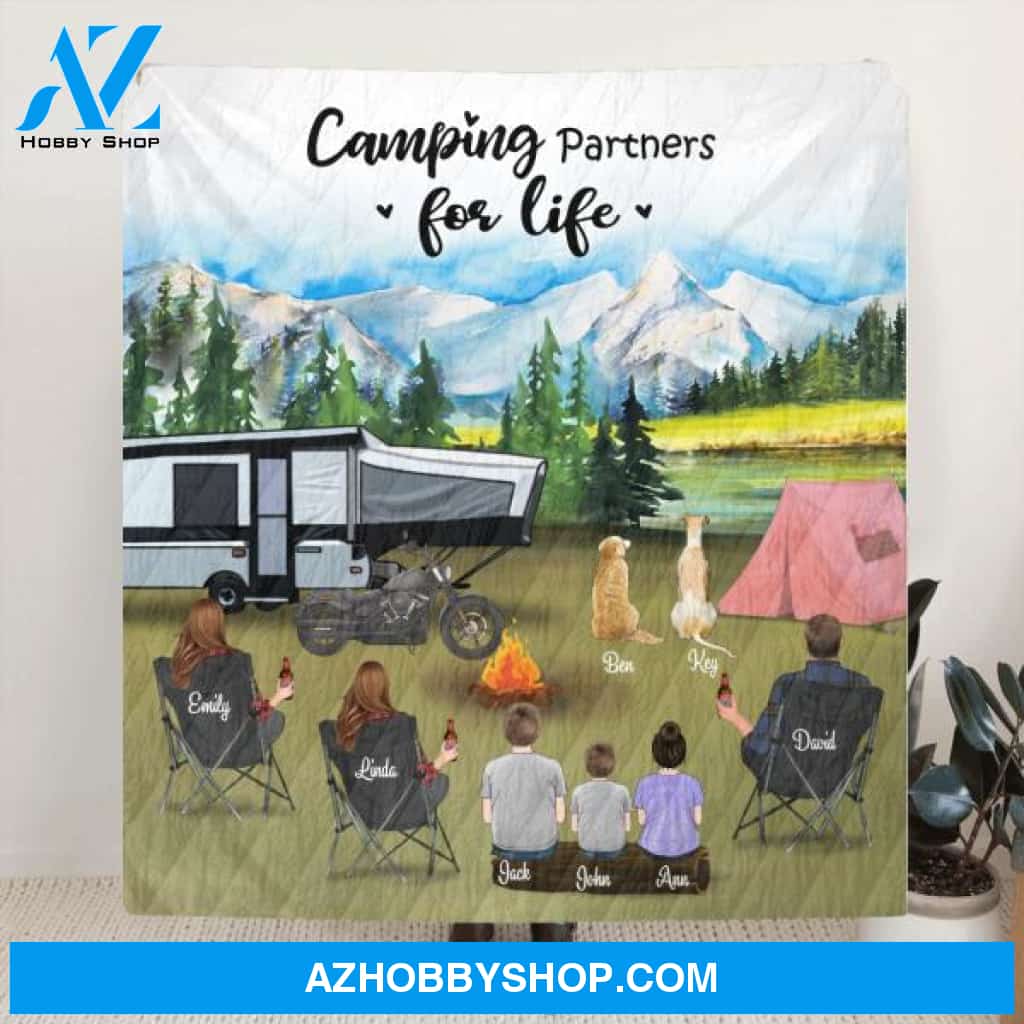 Custom Personalized Camping Blanket - 3 Adults with 3 Kids and 2 Dogs - Gift Idea For The Whole Family - Camping Partners For Life