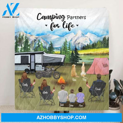 Custom Personalized Camping Blanket - 3 Adults with 3 Kids and 2 Dogs - Gift Idea For The Whole Family - Camping Partners For Life