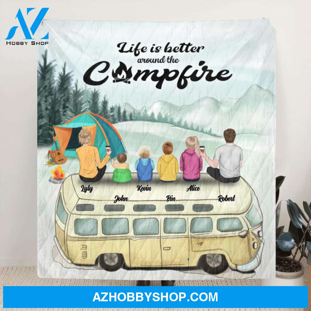 Custom Personalized Camping Blanket - Family On Camper Roof - Life is better around the campfire - JOWCU0