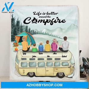 Custom Personalized Camping Blanket - Family On Camper Roof - Life is better around the campfire - JOWCU0