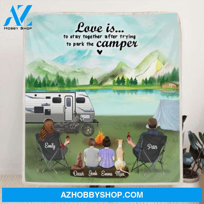 Custom Personalized Camping Blanket - Best Gift Idea For The Whole Family - Parents With 2 Kids And Upto 6 Pets - Love is stay together