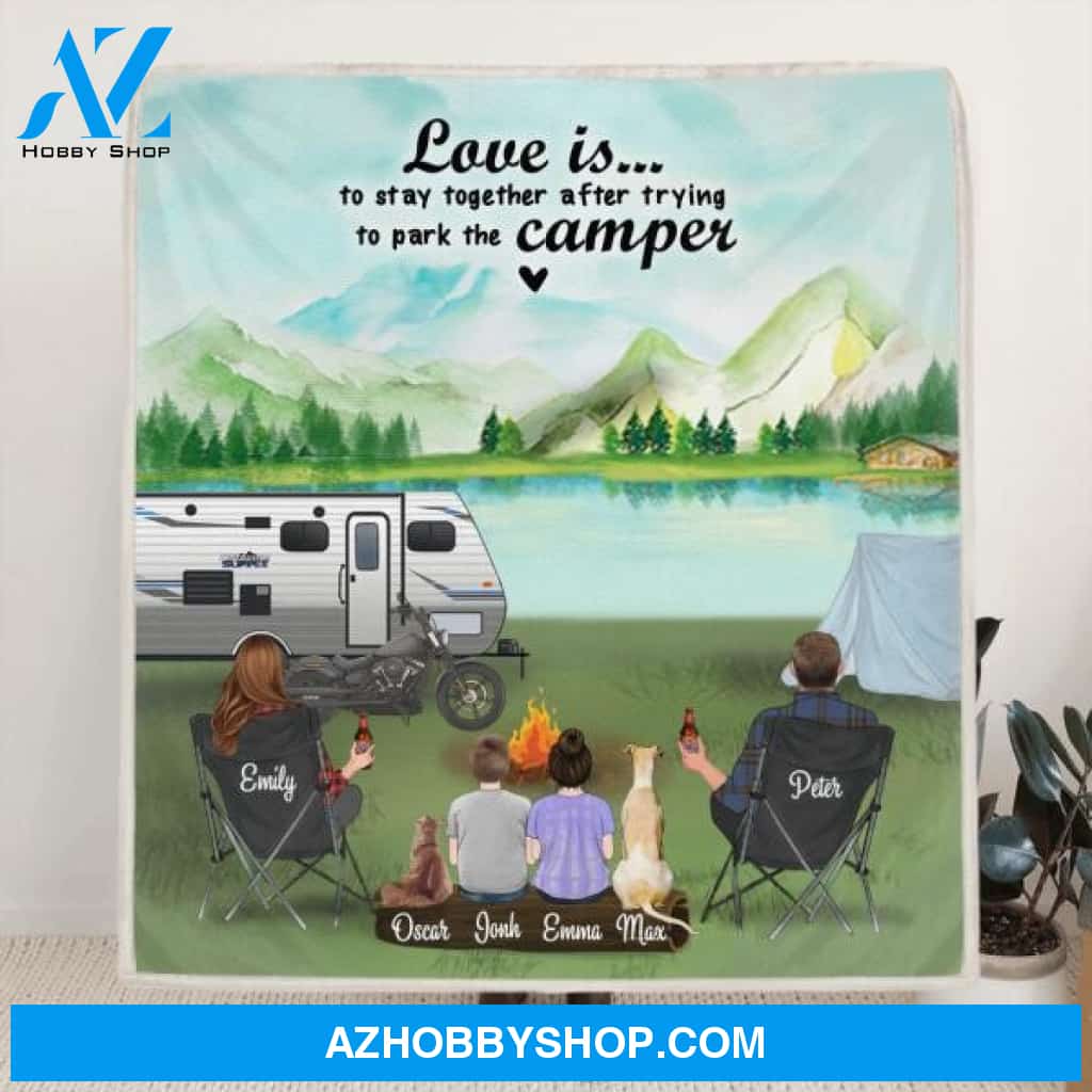 Custom Personalized Camping Blanket - Best Gift Idea For The Whole Family - Parents With 2 Kids And Upto 6 Pets - Love is stay together