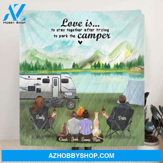 Custom Personalized Camping Blanket - Best Gift Idea For The Whole Family - Parents With 2 Kids And Upto 6 Pets - Love is stay together
