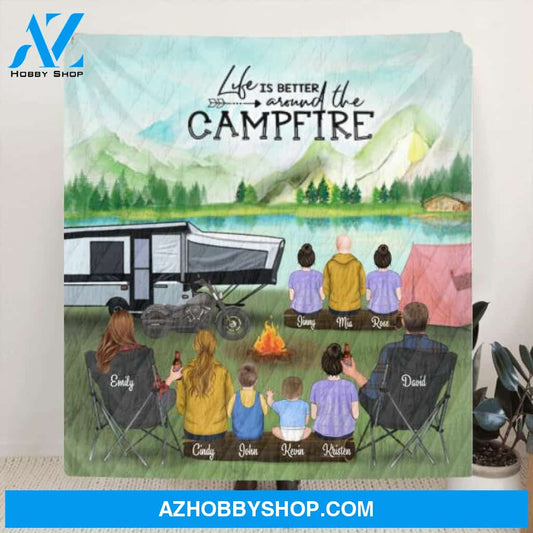 Custom Personalized Camping Blanket - Gift For The Whole Family - Parents with 7 Children - Life Is Better Around The Campfire