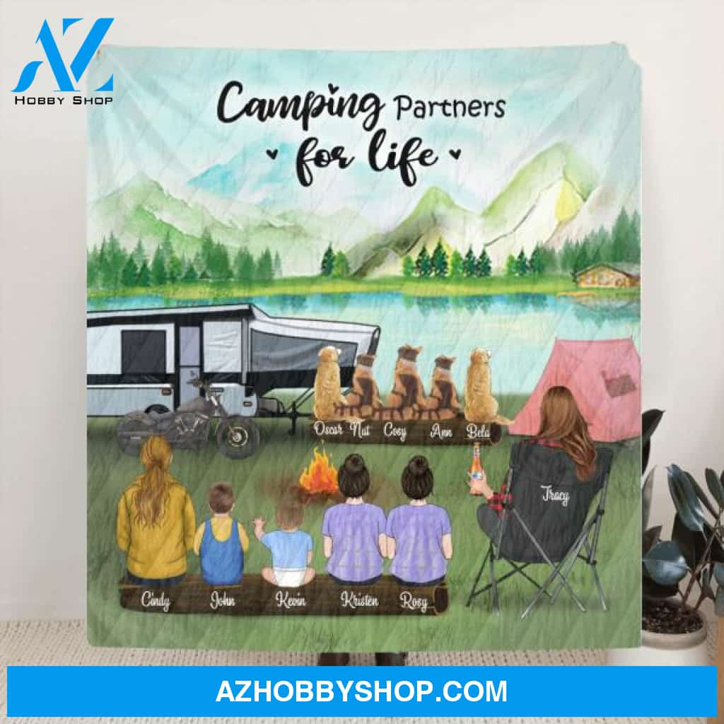 Custom Personalized Camping Blanket - Single Mom with 5 Kids and 5 Pets - Camping Partners For Life