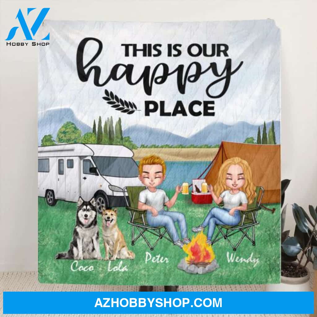 Custom Personalized Camping Chibi Quilt/ Fleece Blanket - Couple With Upto 3 Dogs - Gift Idea For Dog/ Camping Lover/ Couple - This is Our Happy Place