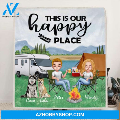 Custom Personalized Camping Chibi Quilt/ Fleece Blanket - Couple With Upto 3 Dogs - Gift Idea For Dog/ Camping Lover/ Couple - This is Our Happy Place
