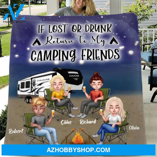 Custom Personalized Camping Friends Quilt/Fleece Blanket - Upto 4 People - Gift Idea For Friends/ Camping Lover - If Lost Or Drunk Return To My Camping Friends