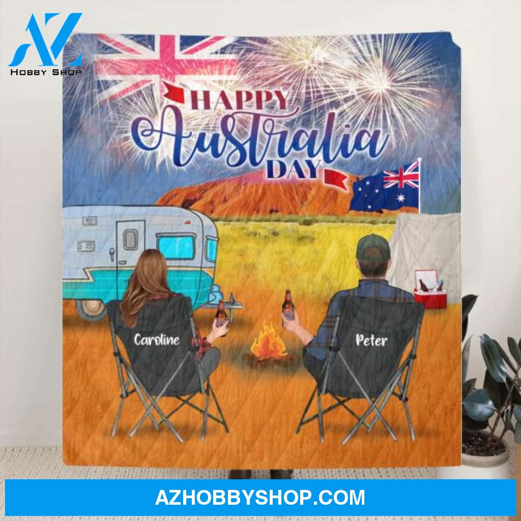 Custom Personalized Camping Happy Australia Day Quilt/ Fleece Blanket - Couple/ Parents With Upto 3 Kids And 4 Pets - Gift Idea For Camping Lover