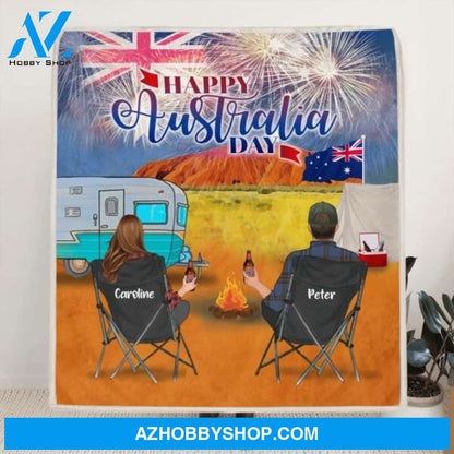 Custom Personalized Camping Happy Australia Day Quilt/ Fleece Blanket - Couple/ Parents With Upto 3 Kids And 4 Pets - Gift Idea For Camping Lover
