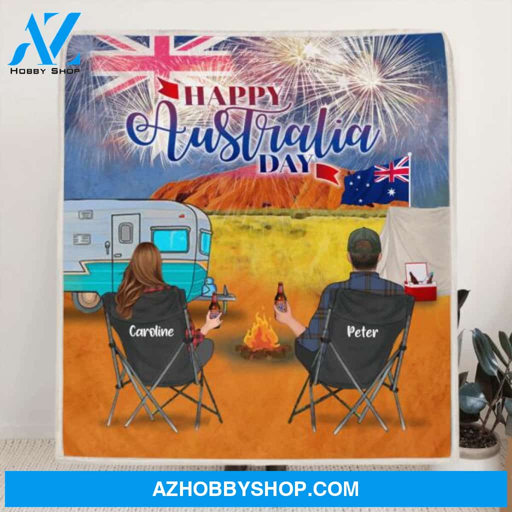 Custom Personalized Camping Happy Australia Day Quilt/ Fleece Blanket - Couple/ Parents With Upto 3 Kids And 4 Pets - Gift Idea For Camping Lover