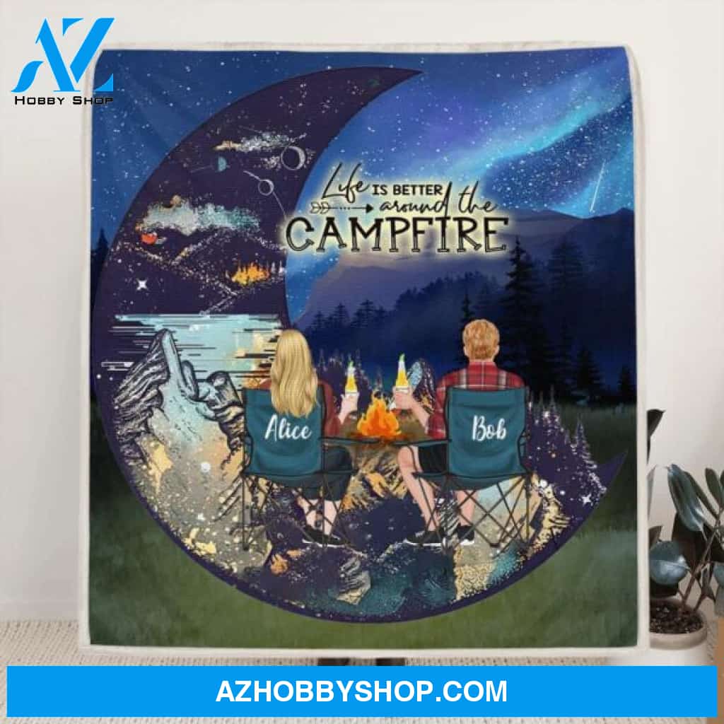 Custom Personalized Camping Moon Quilt/ Fleece Blanket - Man/ Woman/ Couple/ Parents With Upto 2 Kids And 4 Pets - Gift For Camping Lover