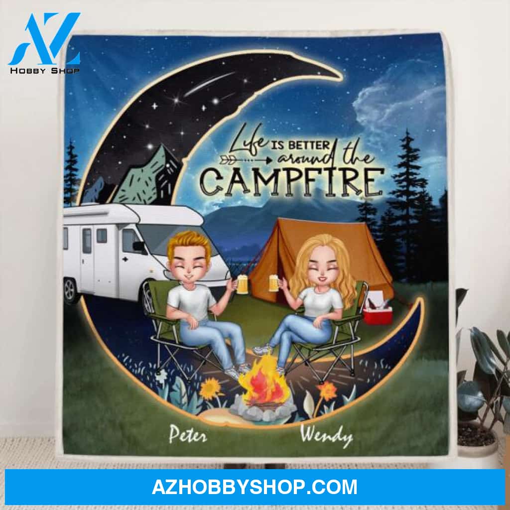 Custom Personalized Camping Moon Night Chibi Quilt/ Fleece Blanket - Couple With Upto 3 Dogs - Gift Idea For Camping Lover - Life Is Better Around The Campfire